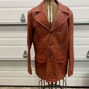 Men’s Vintage Pioneer Wear Leather Jacket Hipster Retro Western Lapel 46 XL Rust